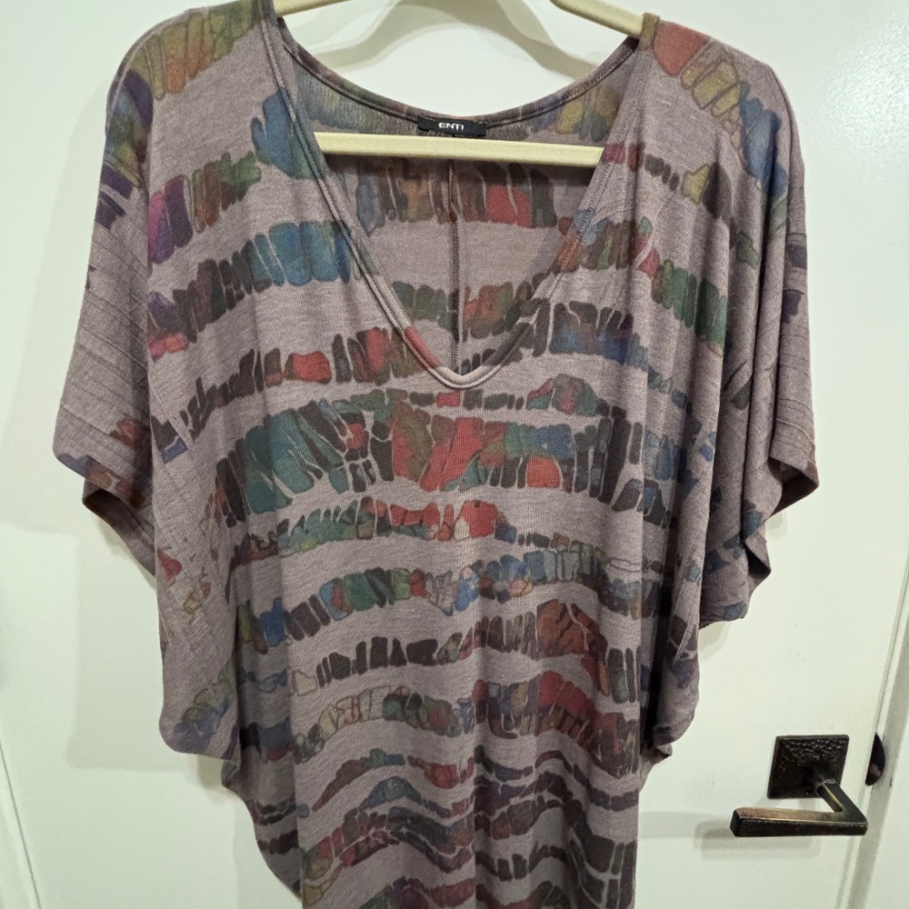 Enti batwing knit V neck tunic tan/multi-S